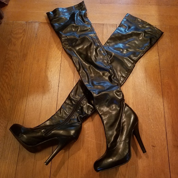 black shiny over the knee boots